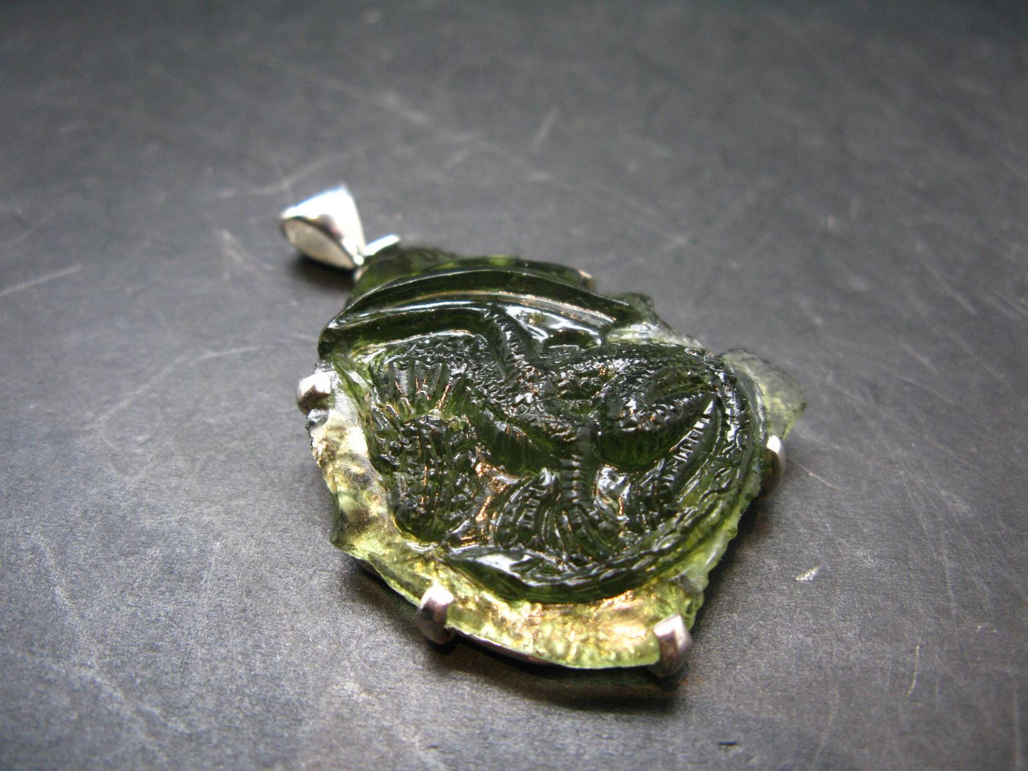 Moldavite Tektite Silver Dragon Pendant from Czech Republic - 2.2" - 15.96 Grams