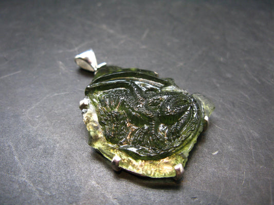 Moldavite Tektite Silver Dragon Pendant from Czech Republic - 2.2" - 15.96 Grams