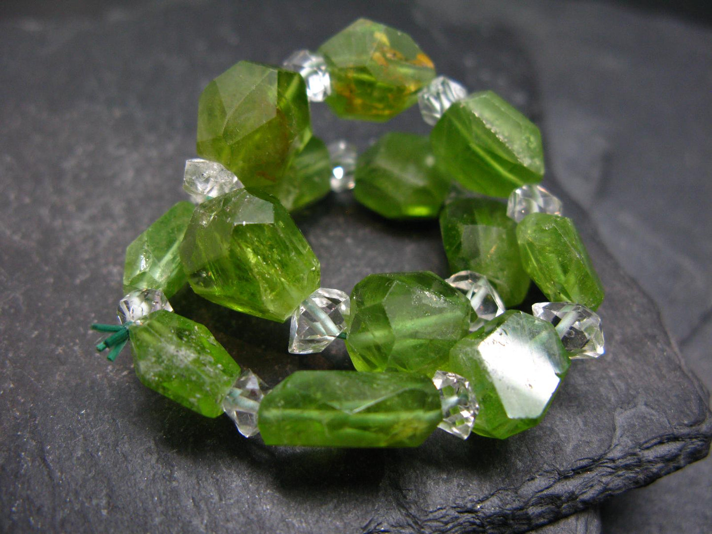 Peridot & Herkimer Diamond Genuine Bracelet ~ 7 Inches ~ Facetted Beads