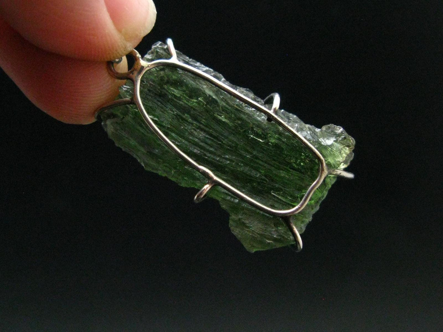 Moldavite Tektite Silver Pendant from Czech Republic - 1.6" - 5.68 Grams