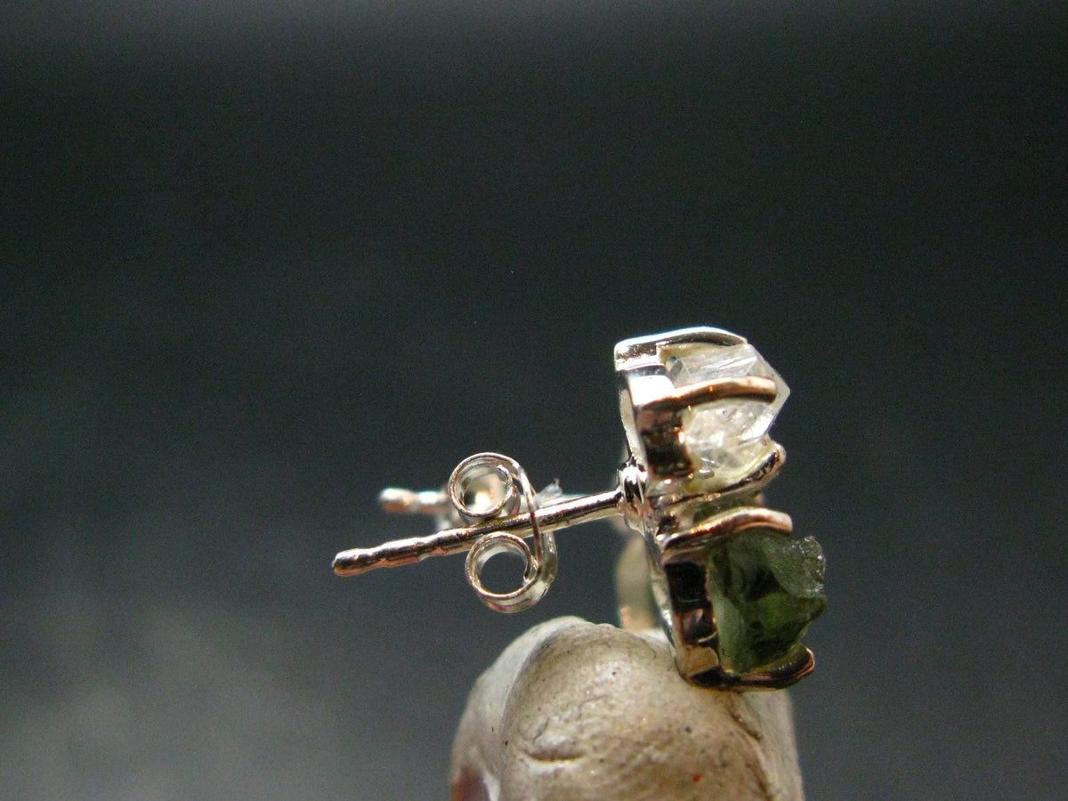 Moldavite & Herkimer Diamond Silver Stud Earrings - 0.6" - 2.53 Grams