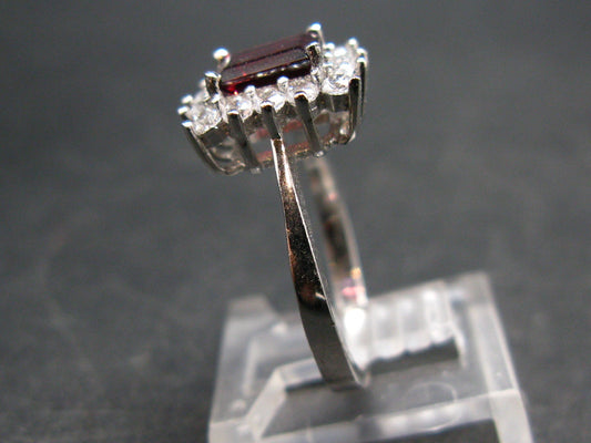 Natural Rectangular Faceted Red Garnet Rhodium Plated Sterling Silver Ring with CZ - Size 6.5