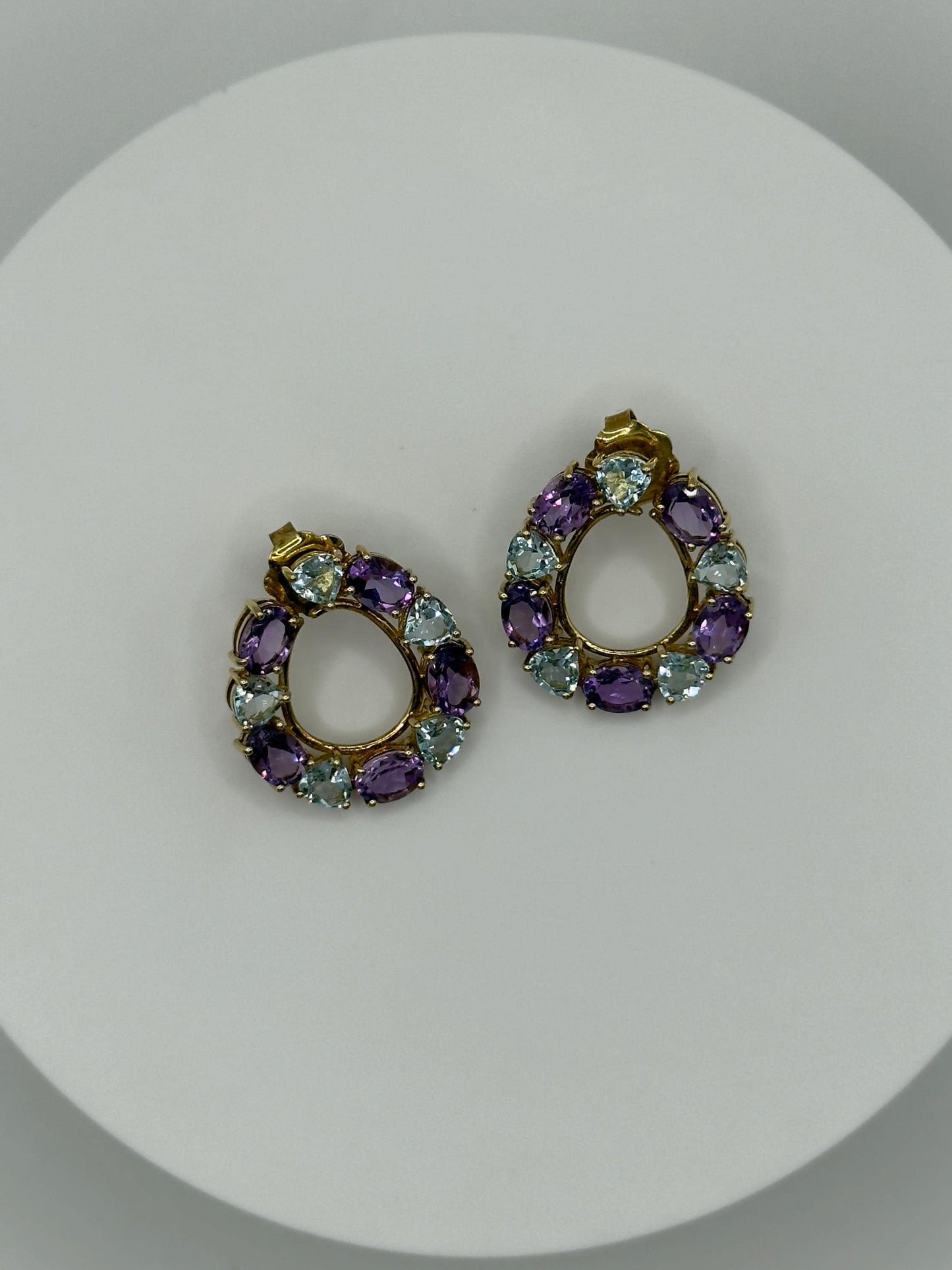 Gold Plated Amethyst Hoop Earrings – Bold Purple & Topaz Gemstone Circle Dangles - Weight 9.13 Grams