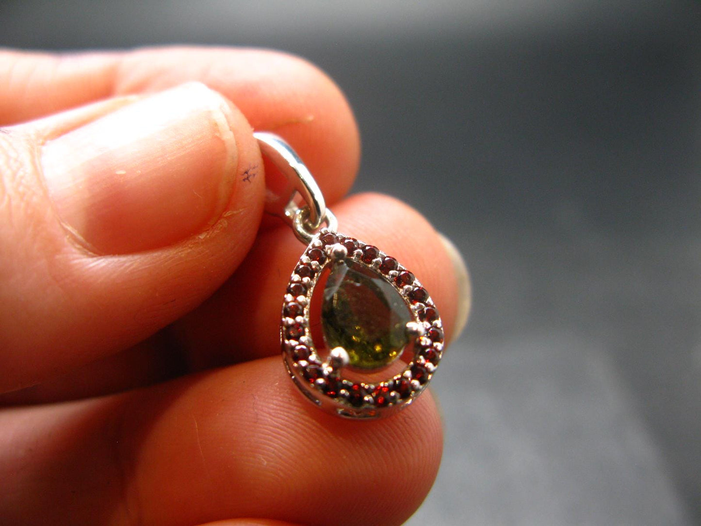 Moldavite Tektite & Red Garnet Silver Pendant from Czech Republic - 0.8"