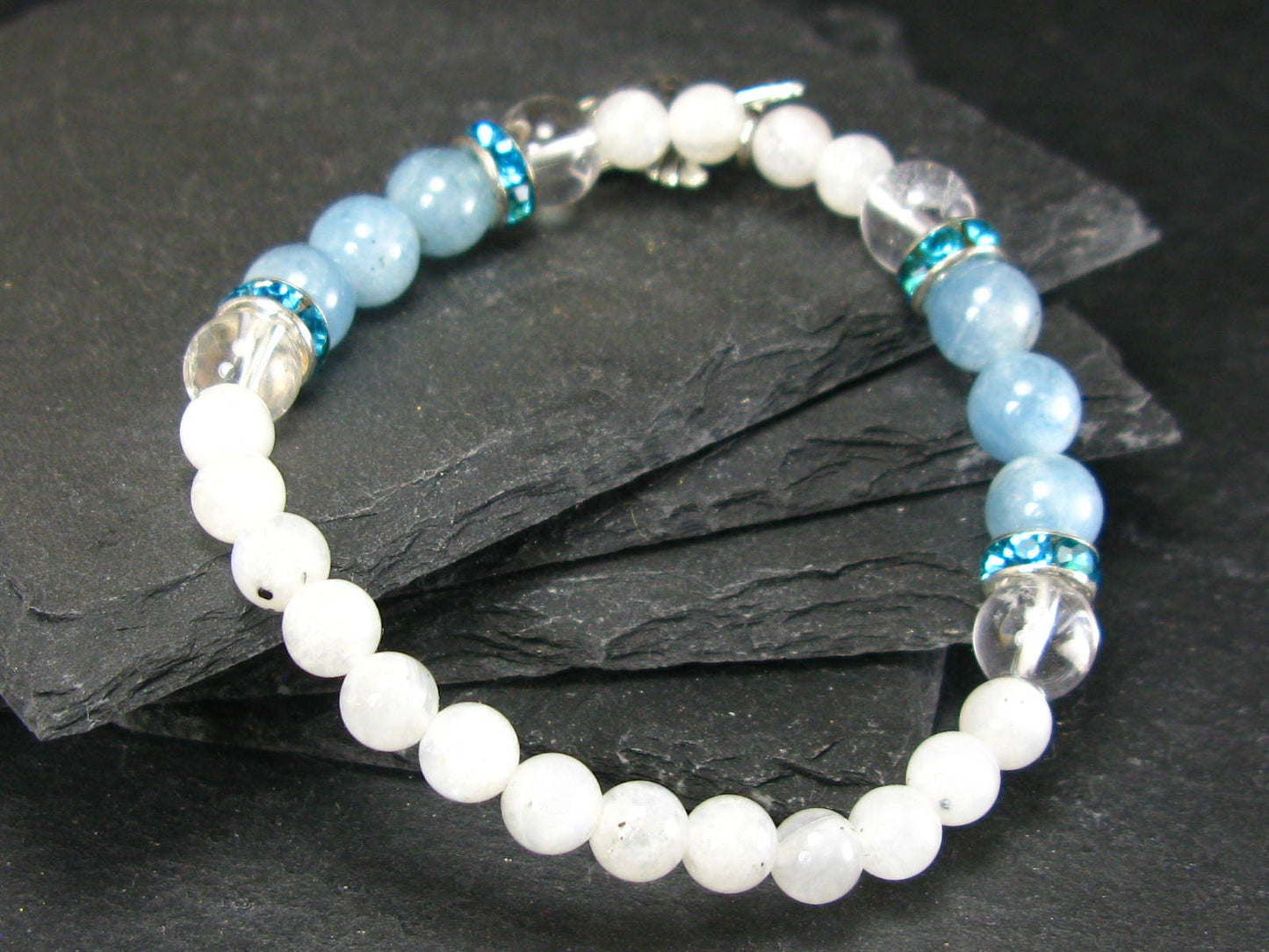 Moonstone Quartz & Aquamarine Genuine Bracelet ~ 7 Inches ~ 6-8mm Round Beads