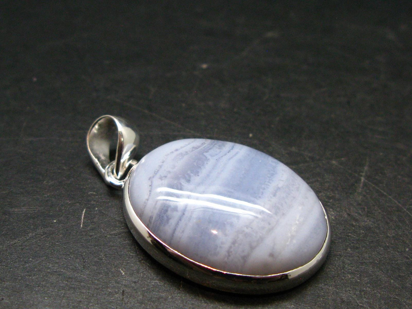 Rare Blue Lace Holly Chalcedony Agate Silver Plated Pendant From Malawi - 1.5" - 8.4 Grams