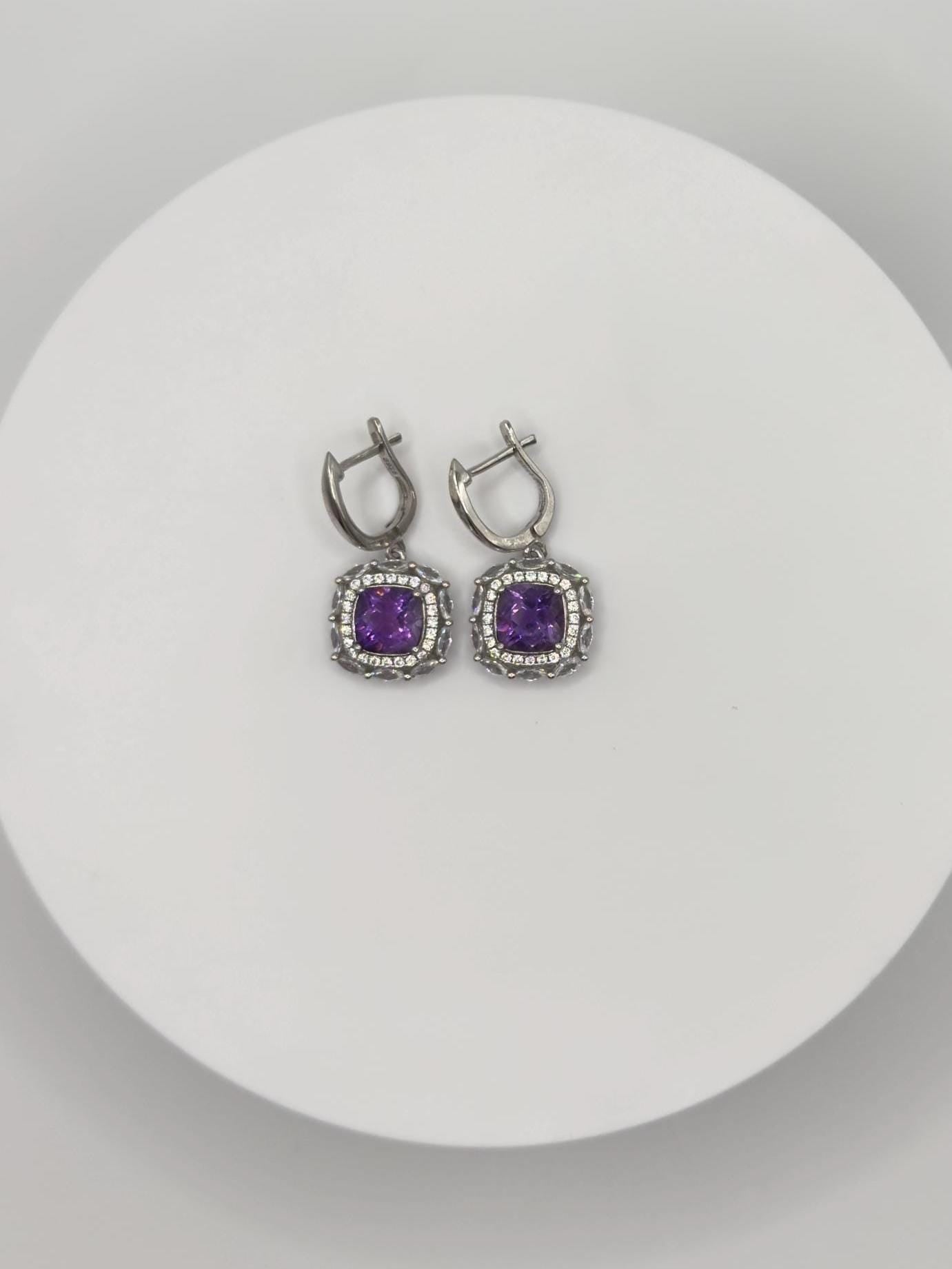 Square Amethyst Drop Earrings with Halo – Elegant Purple Crystal Dangles in Sterling Silver - Weight 5.83 Grams