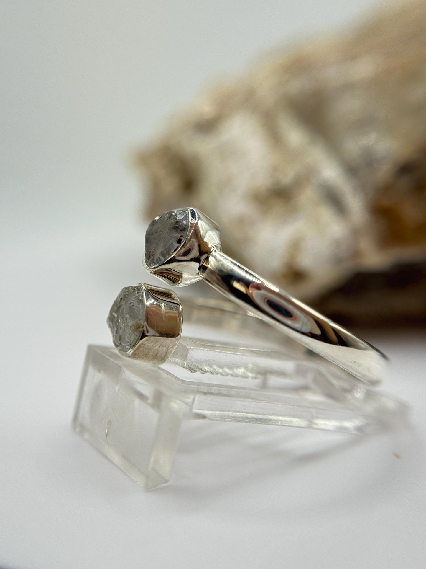 Raw Herderite Double Stone Sterling Silver Wrap Ring - SIZE 9