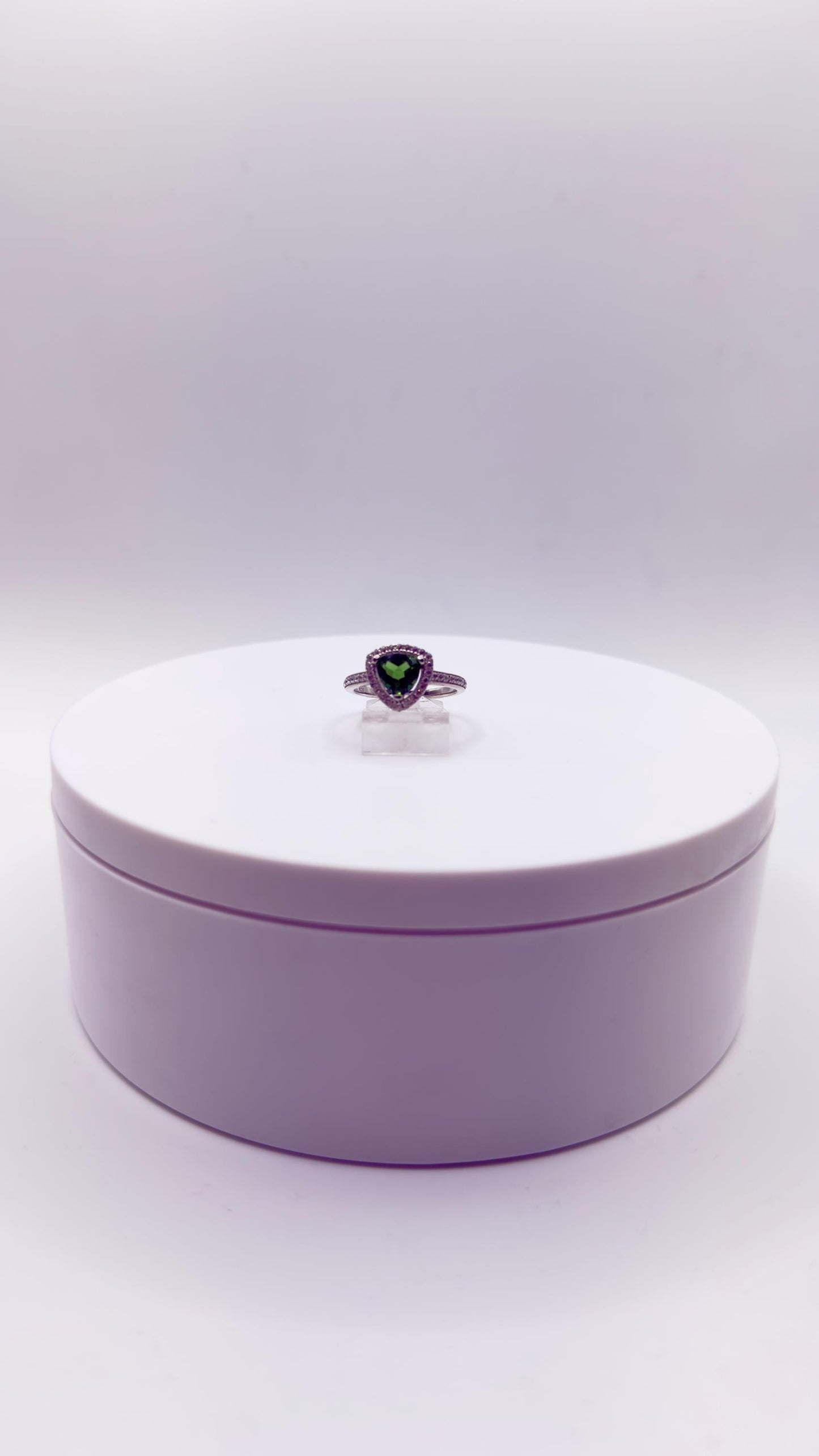 Green Helenite Trillion Halo Ring – Sterling Silver Gemstone Statement Ring