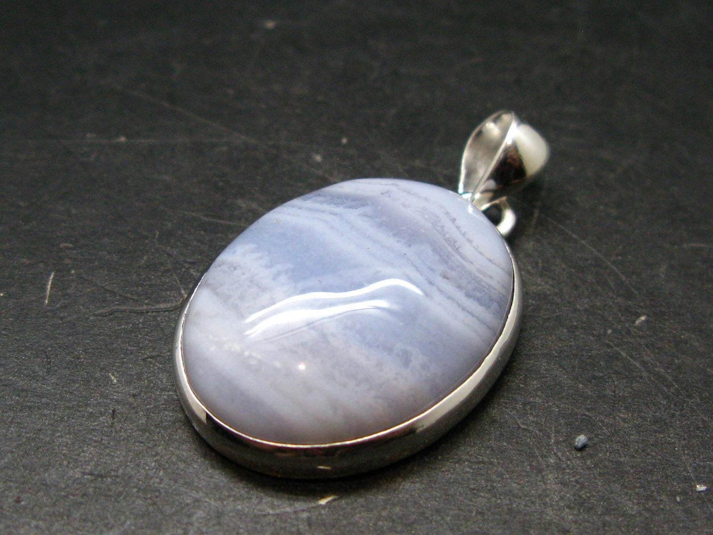 Rare Blue Lace Holly Chalcedony Agate Silver Plated Pendant From Malawi - 1.5" - 8.4 Grams