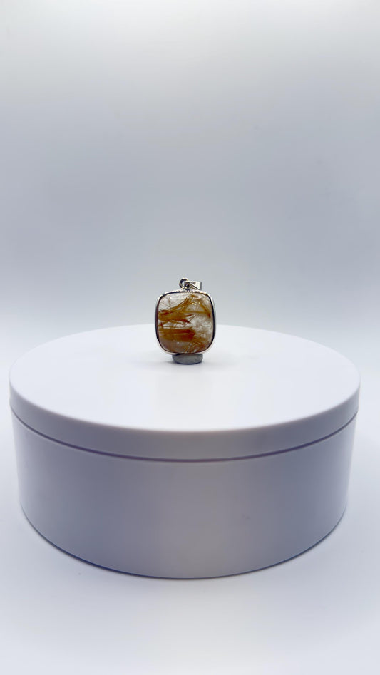 Golden Needle Inclusion Quartz Cushion Pendant – Natural Crystal in Sterling Silver