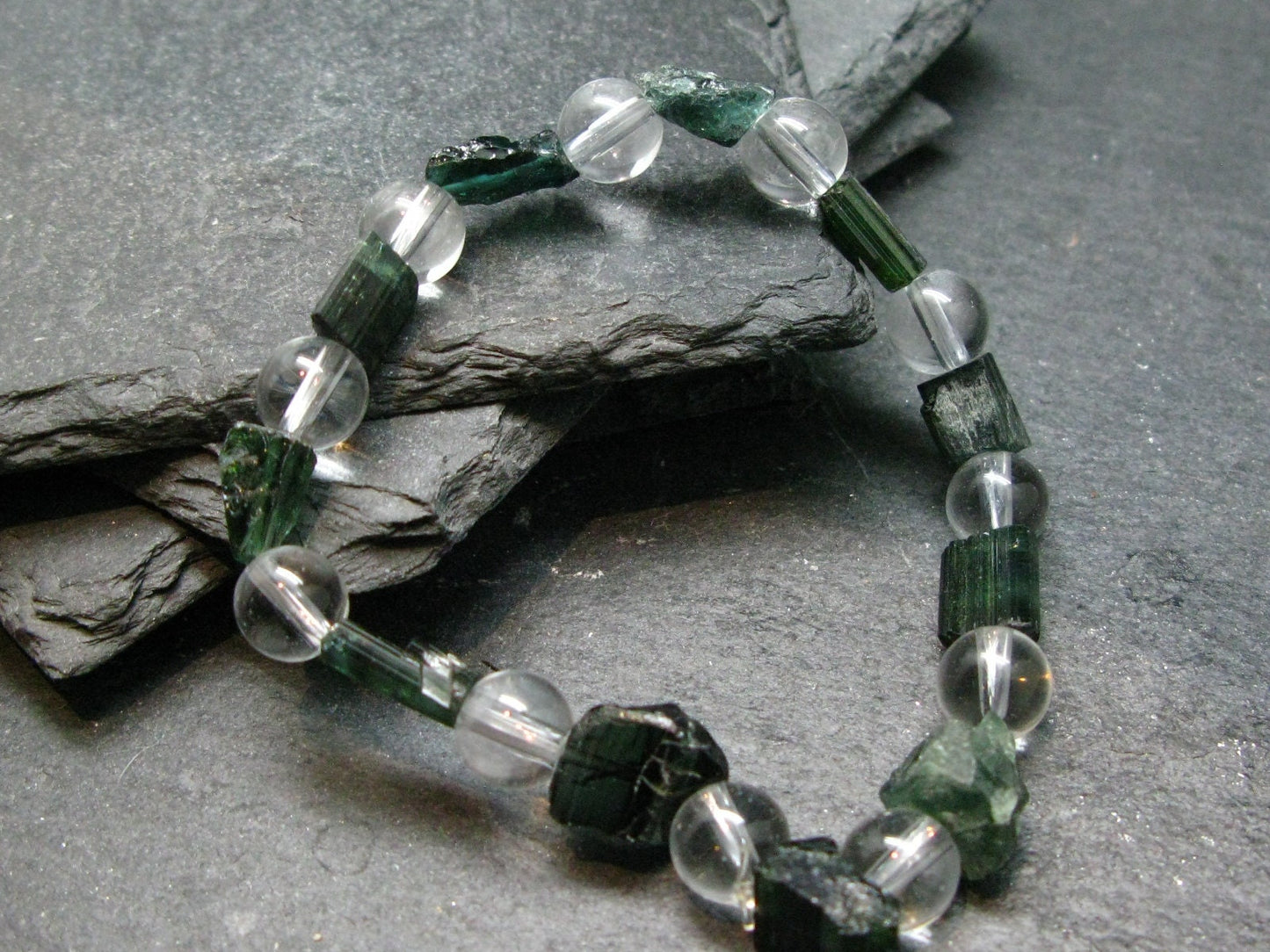 Green Tourmaline & Quartz Genuine Bracelet ~ 7 Inches ~ 10mm Crystal Beads