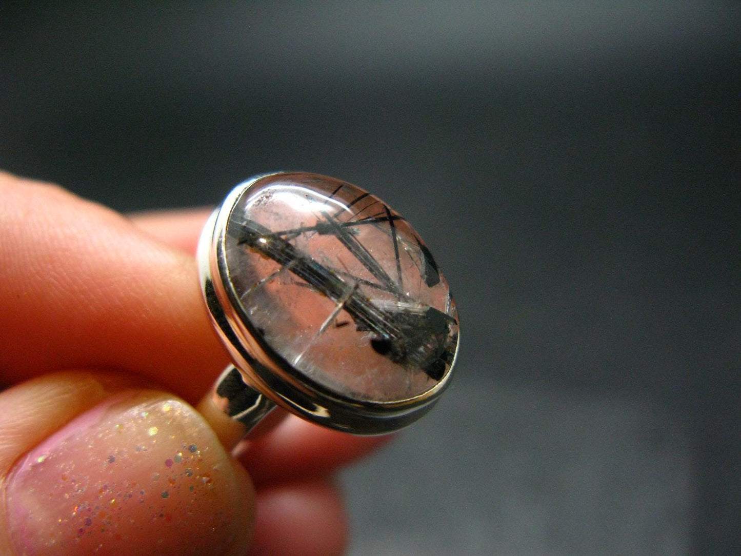 Natural Tourmaline in Quartz 925 Silver Ring From Brazil - 5.38 Grams - Size 5