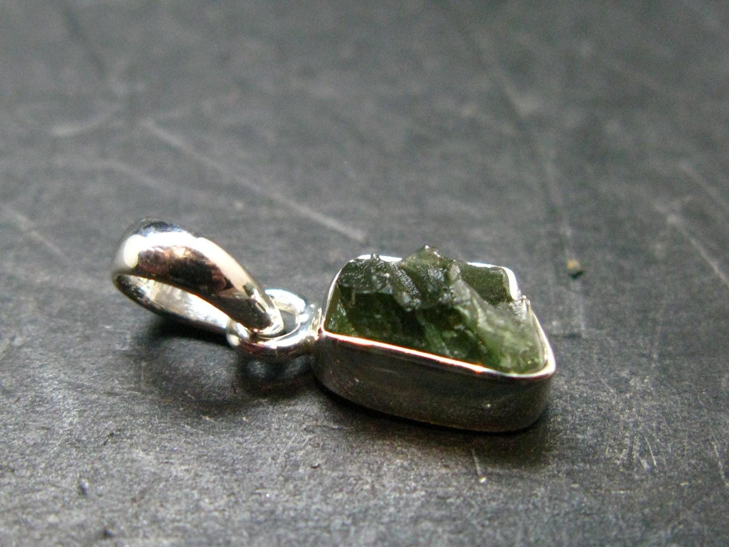 Gem Moldavite Tektite SS Pendant From Czech Republic - 0.7" - 1.0 Grams