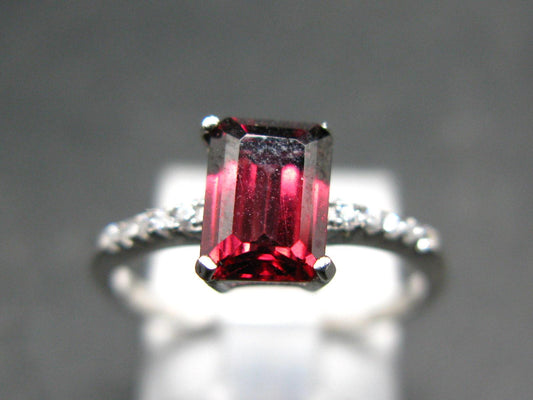 Natural Rectangular Faceted Red Garnet Rhodium Plated Sterling Silver Ring with CZ - Size 5.75