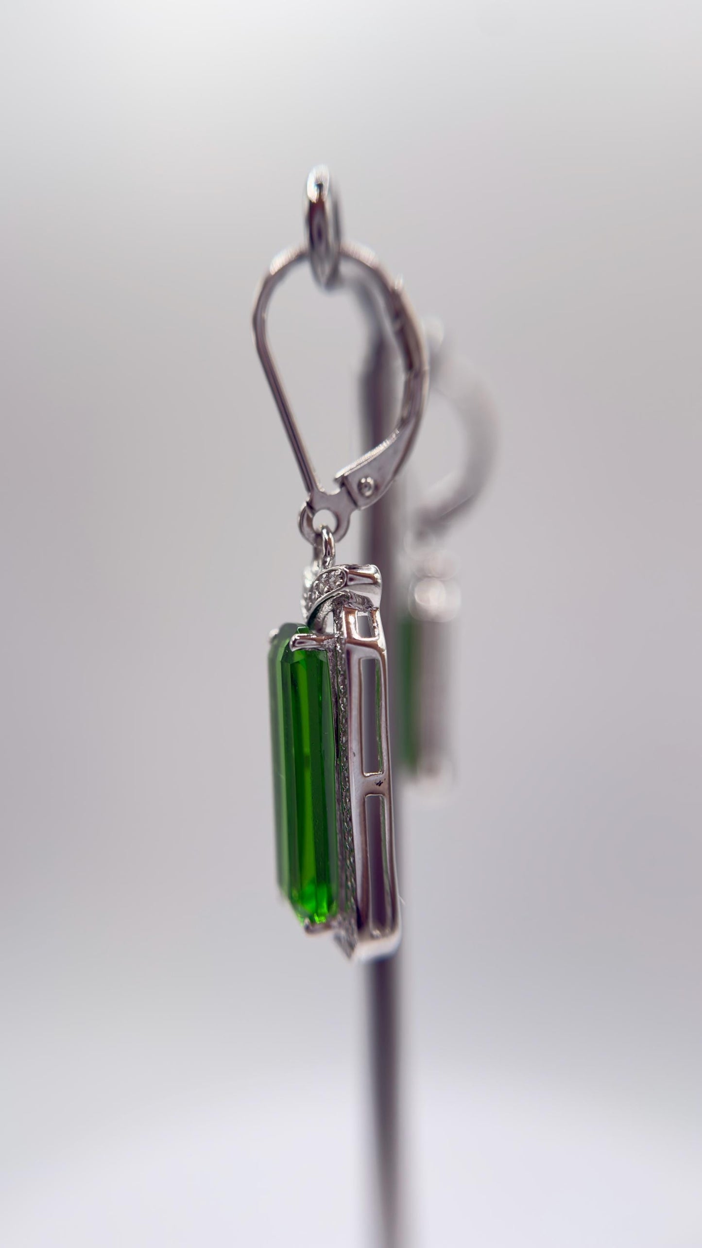 Green Helenite Emerald Cut Earrings – Halo Sterling Silver Dangle Earrings