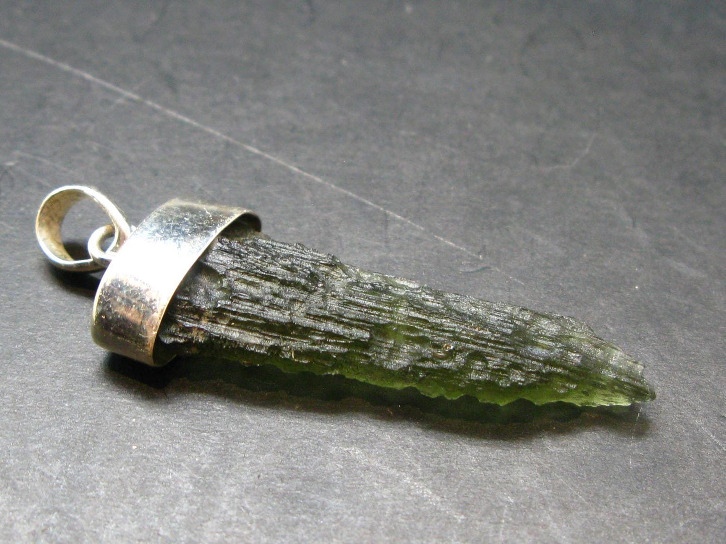 Gem Moldavite Tektite SS Pendant From Czech Republic - 2.1" - 5.8 Grams