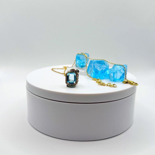 Swiss Blue Topaz Pendant Necklace – Gold Plated Emerald Cut – November Birthstone Gift - 5.78 Grams
