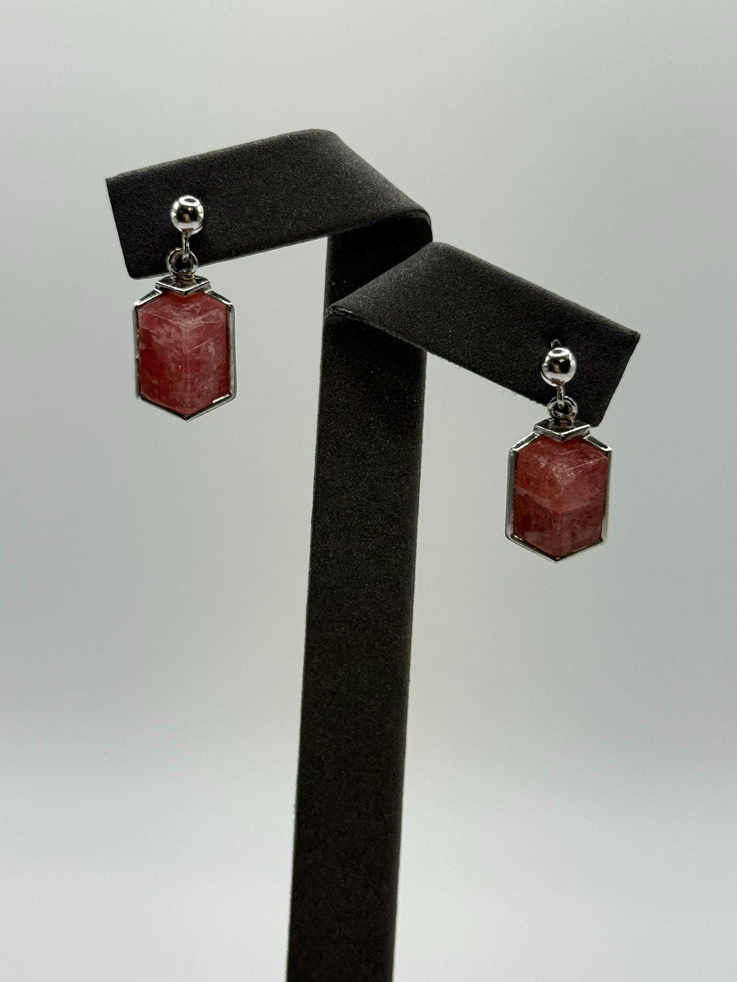 Natural Rhodochrosite Sterling Silver Drop Earrings | Pink Hexagon Crystal Earrings