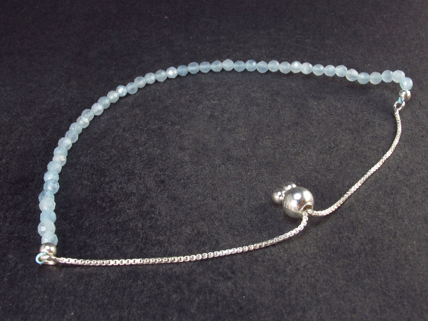 Lightweight Sparkly Faceted Aquamarine Tiny Beads Silver Bracelet from Brazil - Size adjustable - 2.72 Grams