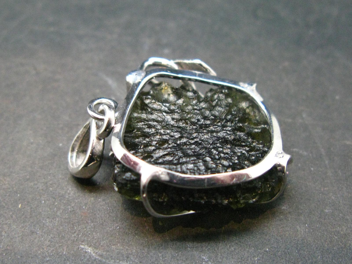 Large Gem Moldavite Tektite SS Pendant From Czech Republic - 6.44 Grams - 1.3"