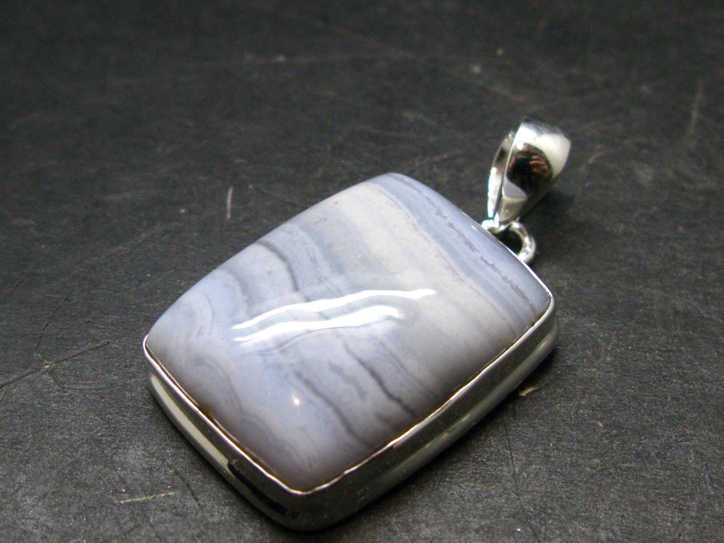 Rare Blue Lace Holly Chalcedony Agate Silver Plated Pendant From Malawi - 1.5" - 9.03 Grams