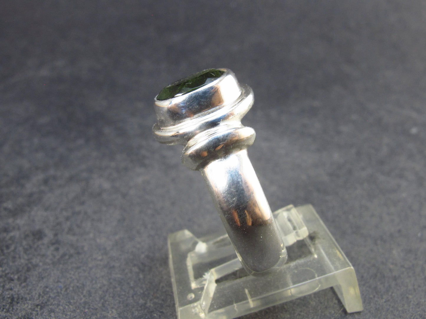 Moldavite Tektite Facetted Silver Ring from Czech Republic - Size 8 - 6.75 Grams