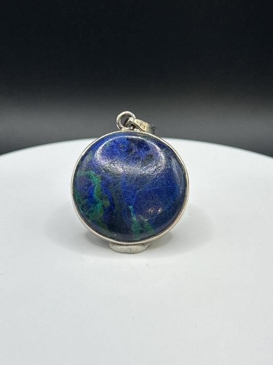 Azurite Silver Amulet | Round Natural Stone Charm