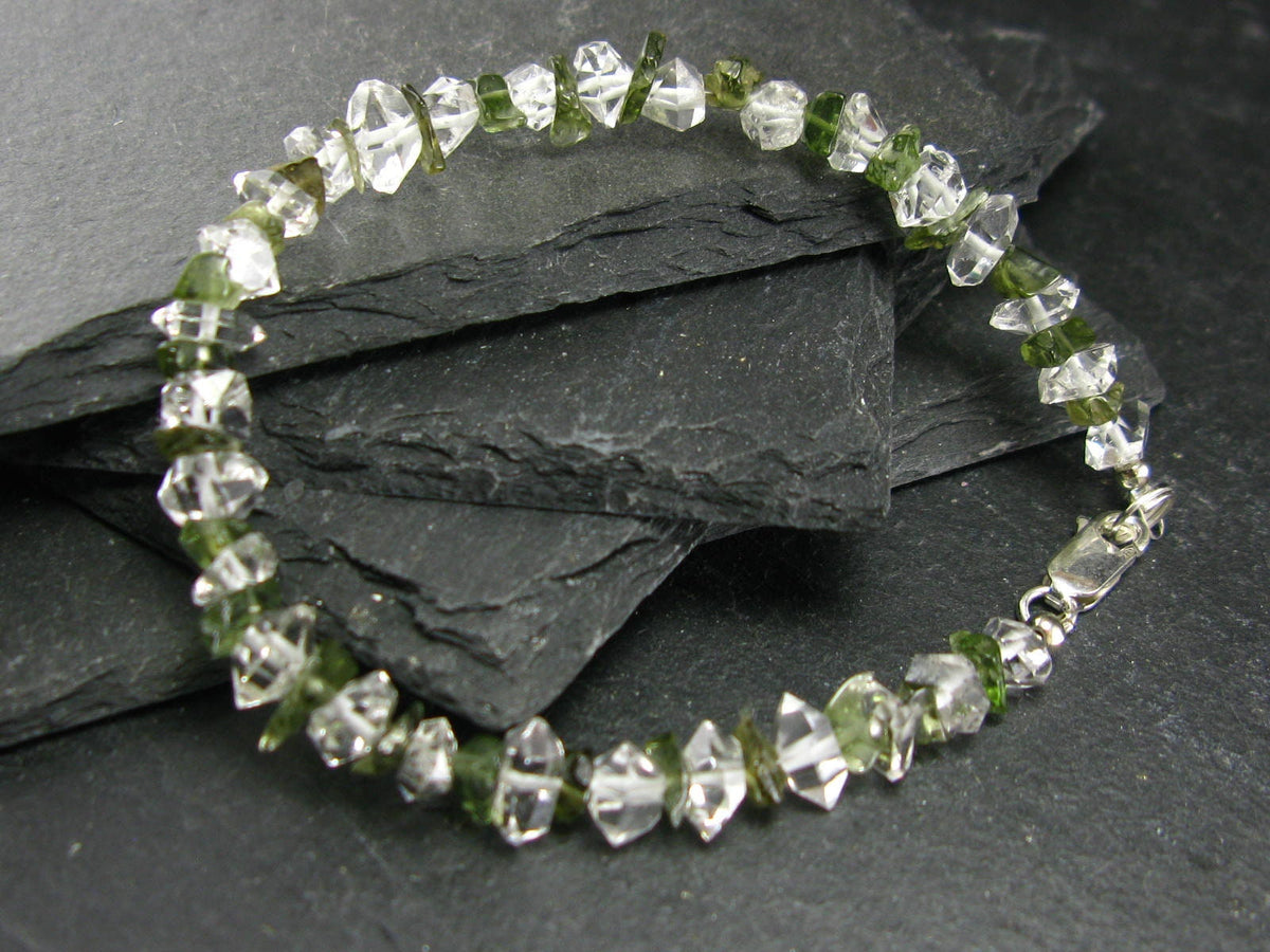 Moldavite & Herkimer Diamond Genuine Bracelet ~ 7 Inches ~ 8mm Crystal Beads