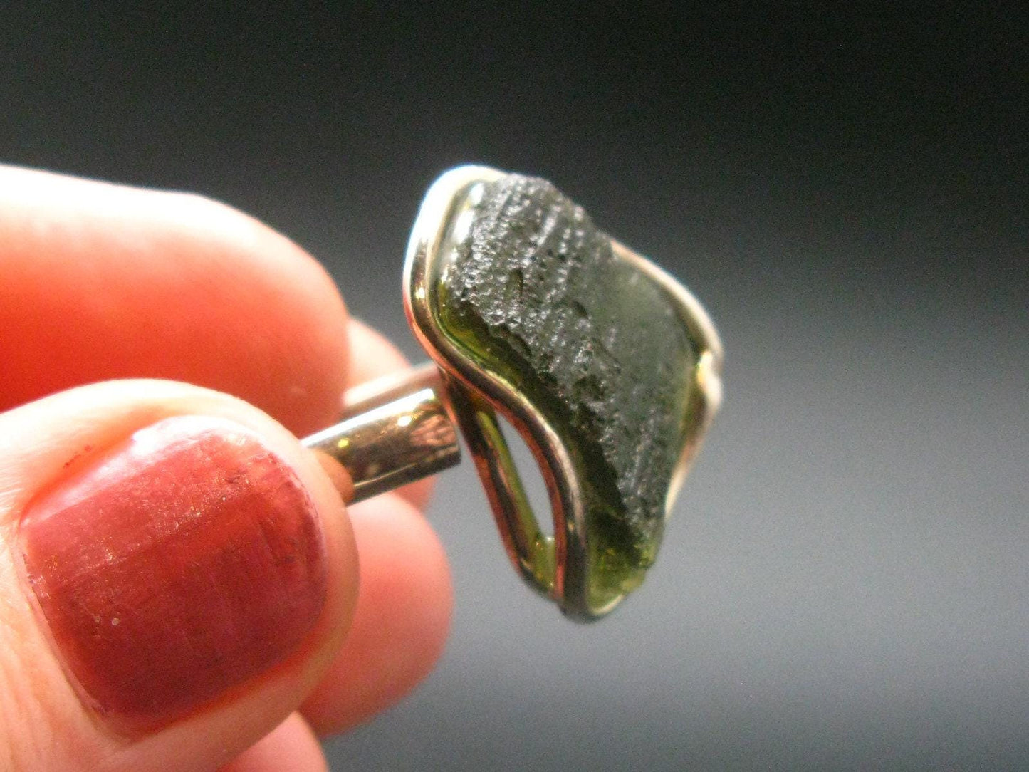 Moldavite Tektite Silver Ring from Czech Republic - Adjustable Size - 6.54 Grams