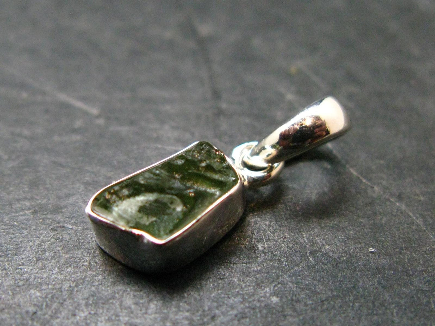 Gem Moldavite Tektite SS Pendant From Czech Republic - 0.7" - 1.0 Grams