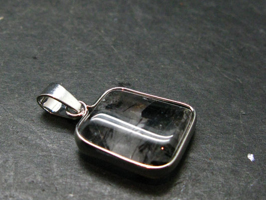 Large Tourmalinated Quartz Crystal Silver Plated Pendant From Brazil - 1.1" - 4.14 Grams