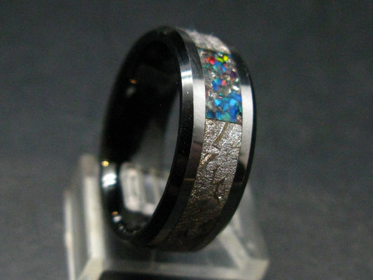 Muonionalusta Meteorite & Opal Steel Ring - 11.38 Grams - Size 9