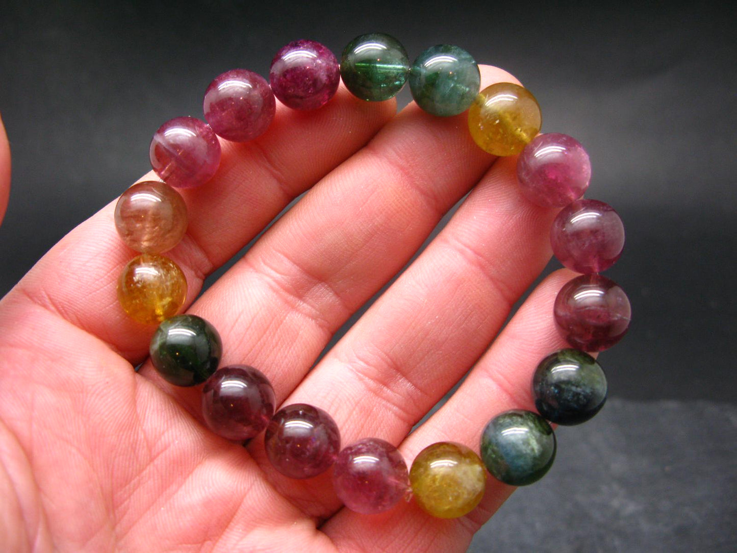 AAA Grade Gem Watermelon Bicolor Tourmaline Genuine Bracelet ~ 7 Inches ~ 12mm Round Beads