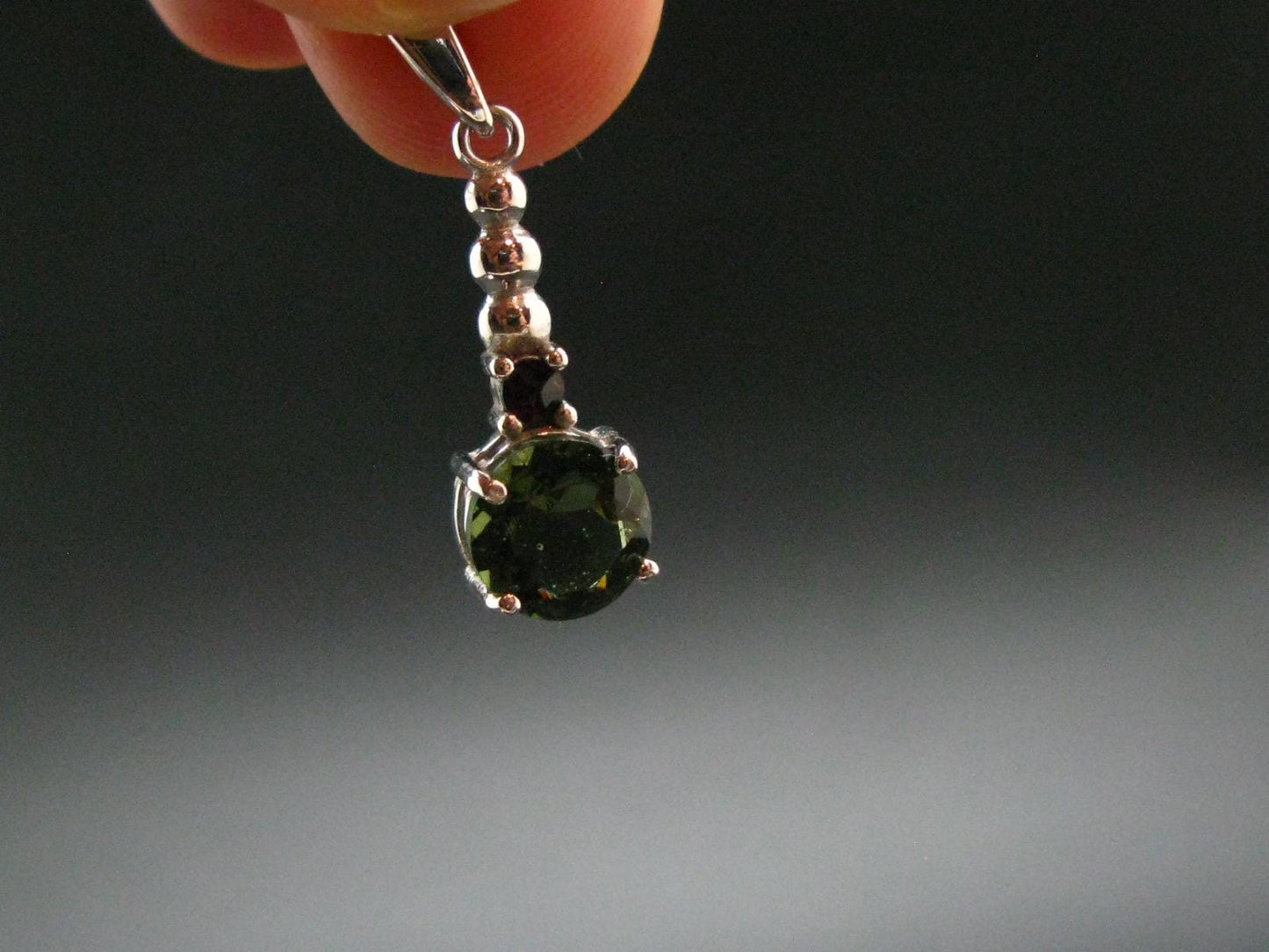 Moldavite Tektite & Red Garnet Silver Pendant from Czech Republic - 1.0"