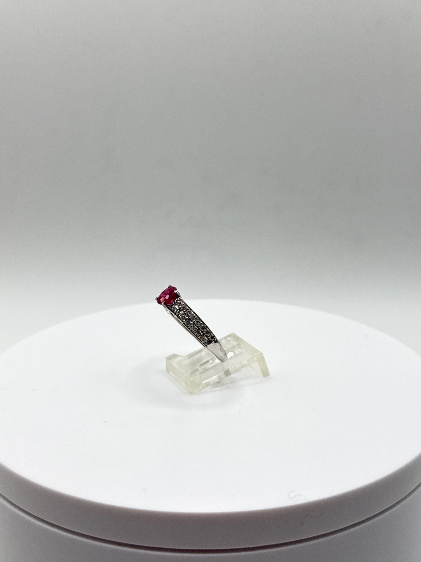 Ruby Solitaire Ring | Sterling Silver Pavé Band, Size 8