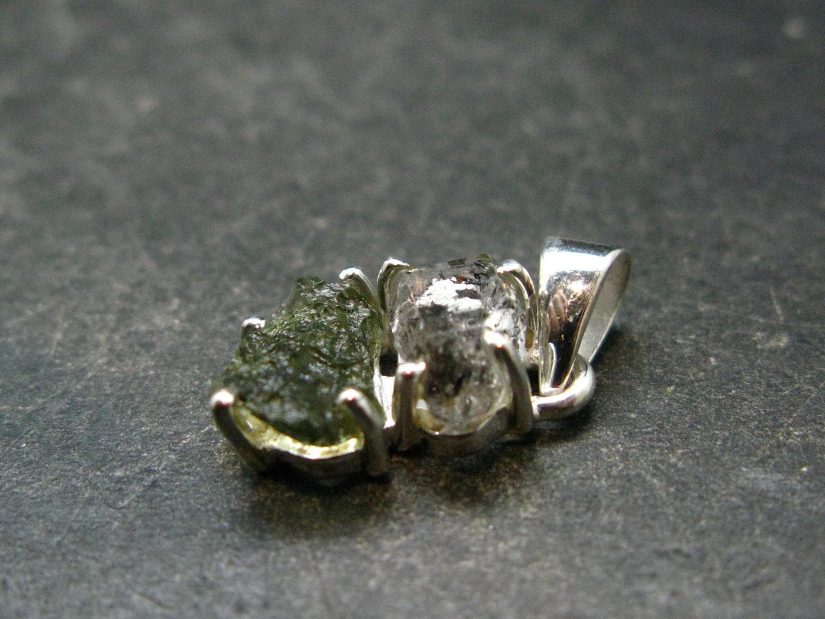Moldavite & Herkimer Diamond Silver Pendant - 0.9" - 2.23 Grams