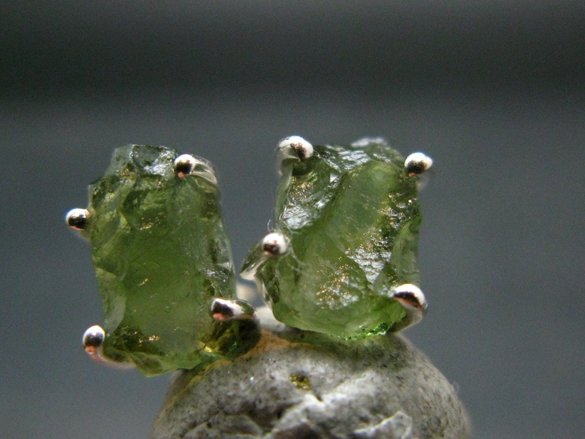 Natural Moldavite Tektite Raw Stud Earrings In Sterling Silver From Czech Republic - 1.58 Grams