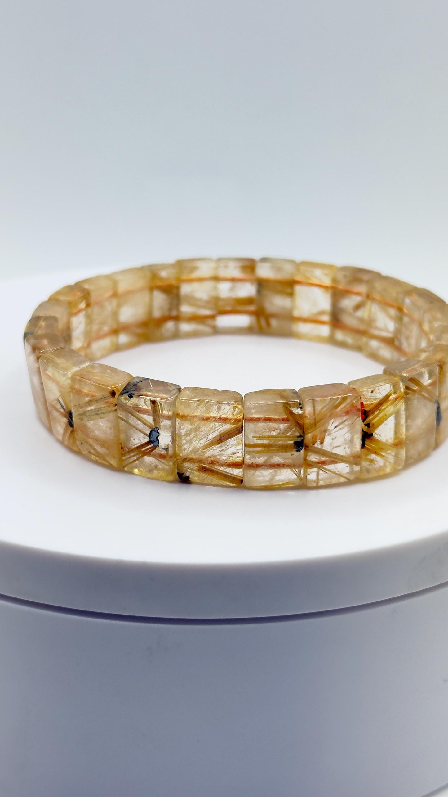 Golden Rutilated Quartz Tile Bracelet – Natural Gemstone Stretch Jewelry