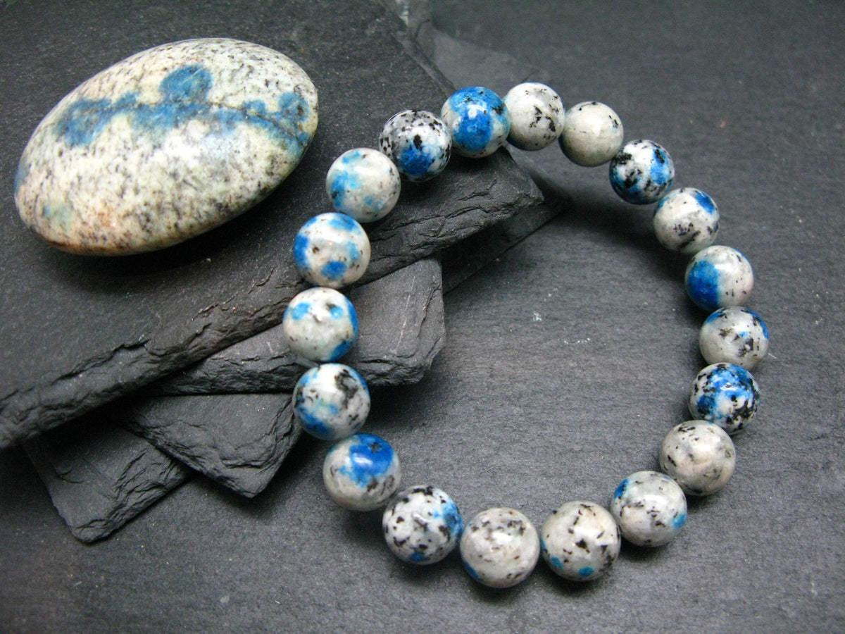 K2 Azurite in Granite Genuine Bracelet ~ 7 Inches ~ 10mm Round Beads