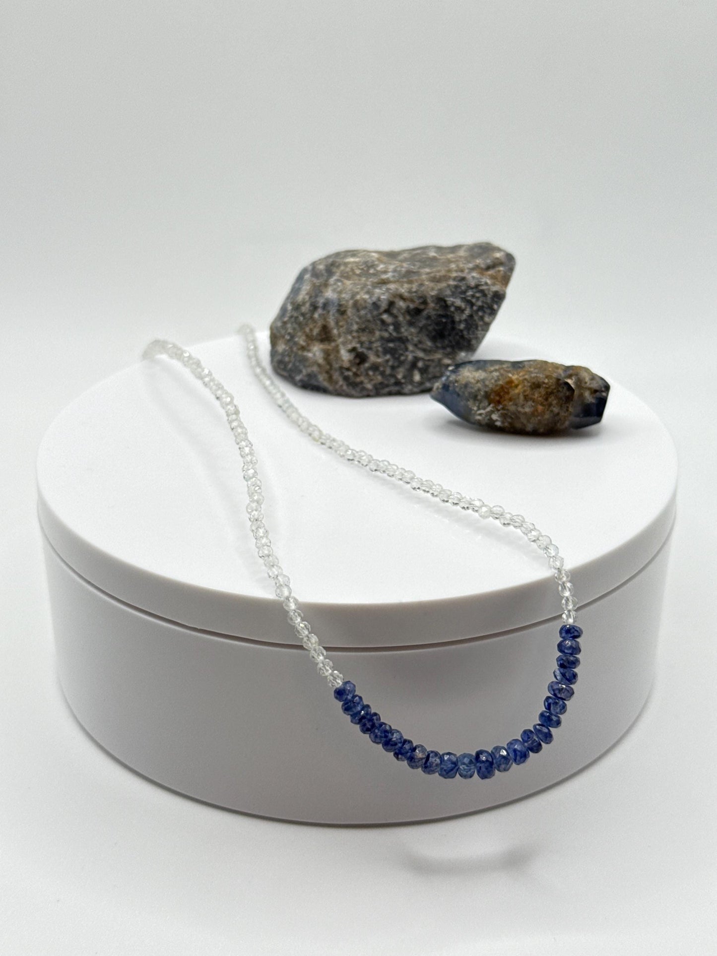 Blue Sapphire & White Topaz Beaded Necklace: Gemstone Healing Crystal