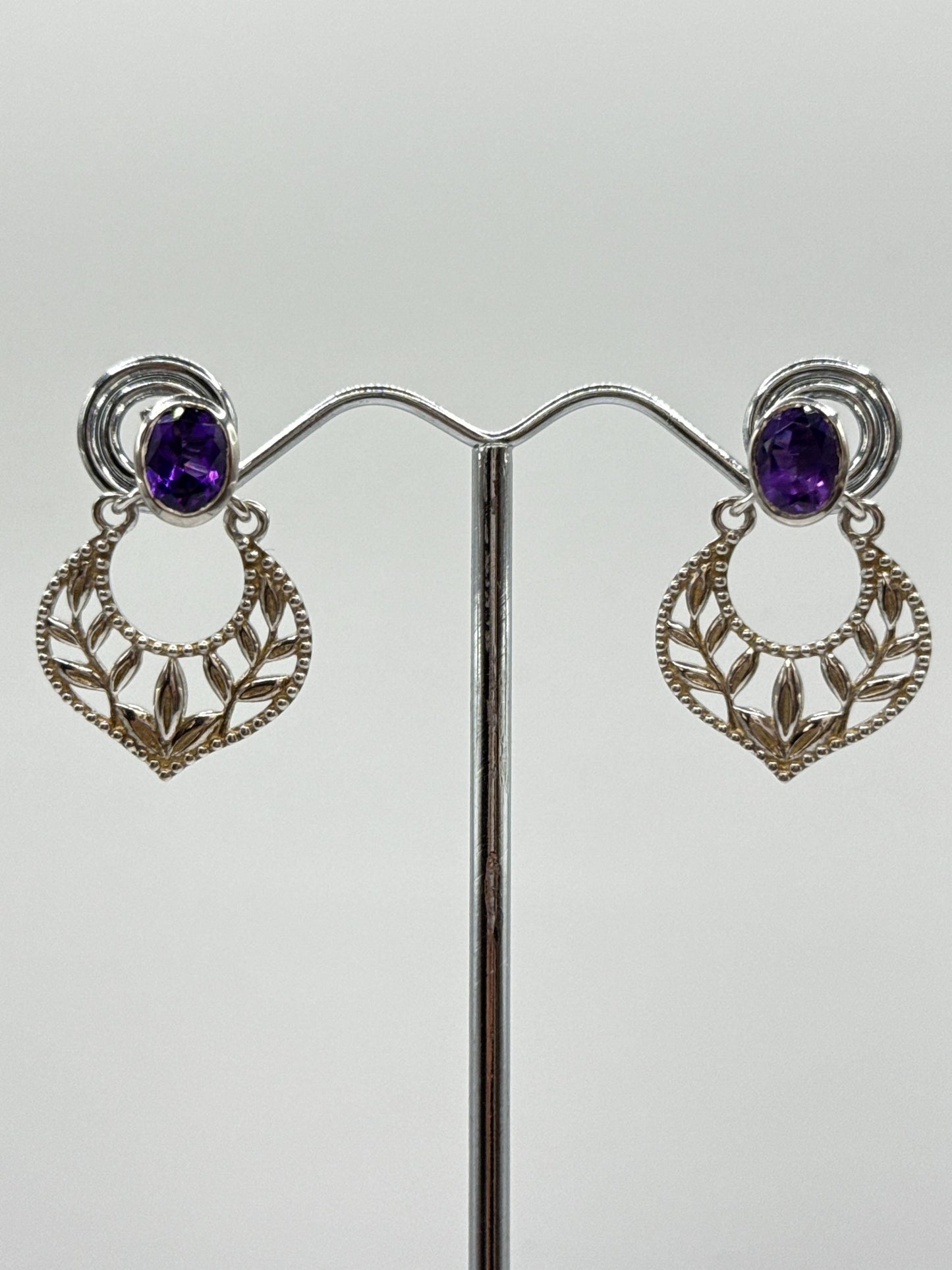 Sterling Silver Amethyst Earrings – Vintage-Inspired Filigree Design - Weight 6.00 Grams