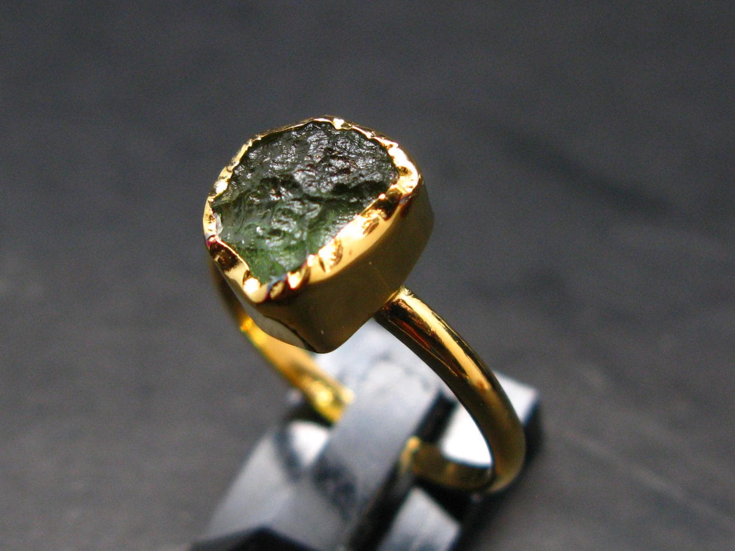 Moldavite Gold Plated Silver Ring - Size 9 - 2.10 Grams