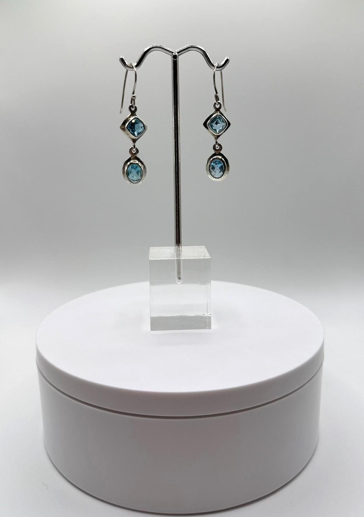 Swiss Blue Topaz Dangle Earrings with Dual Stone Design - Weight 6.68 Grams