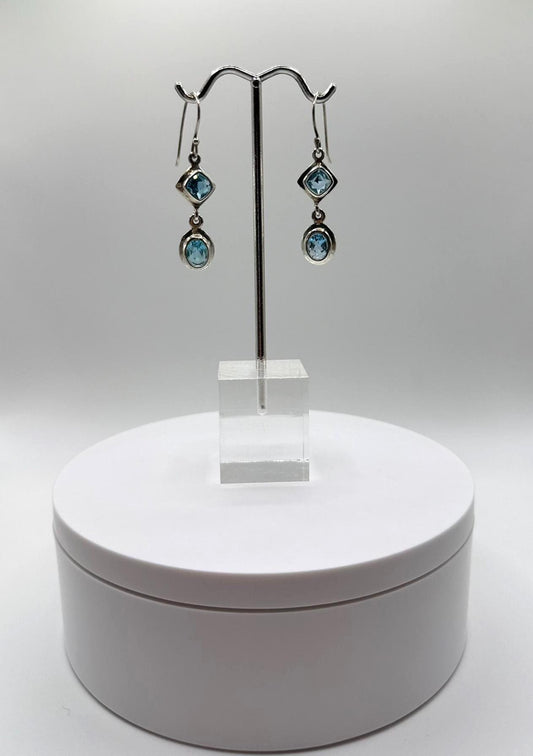 Swiss Blue Topaz Dangle Earrings with Dual Stone Design - Weight 6.68 Grams