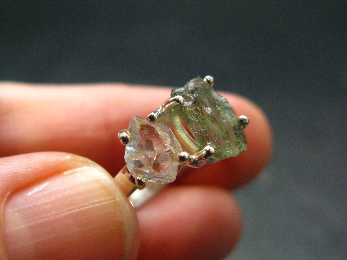 Moldavite Tektite and Herkimer Diamond Silver Ring - Size 8 - 2.80 Grams