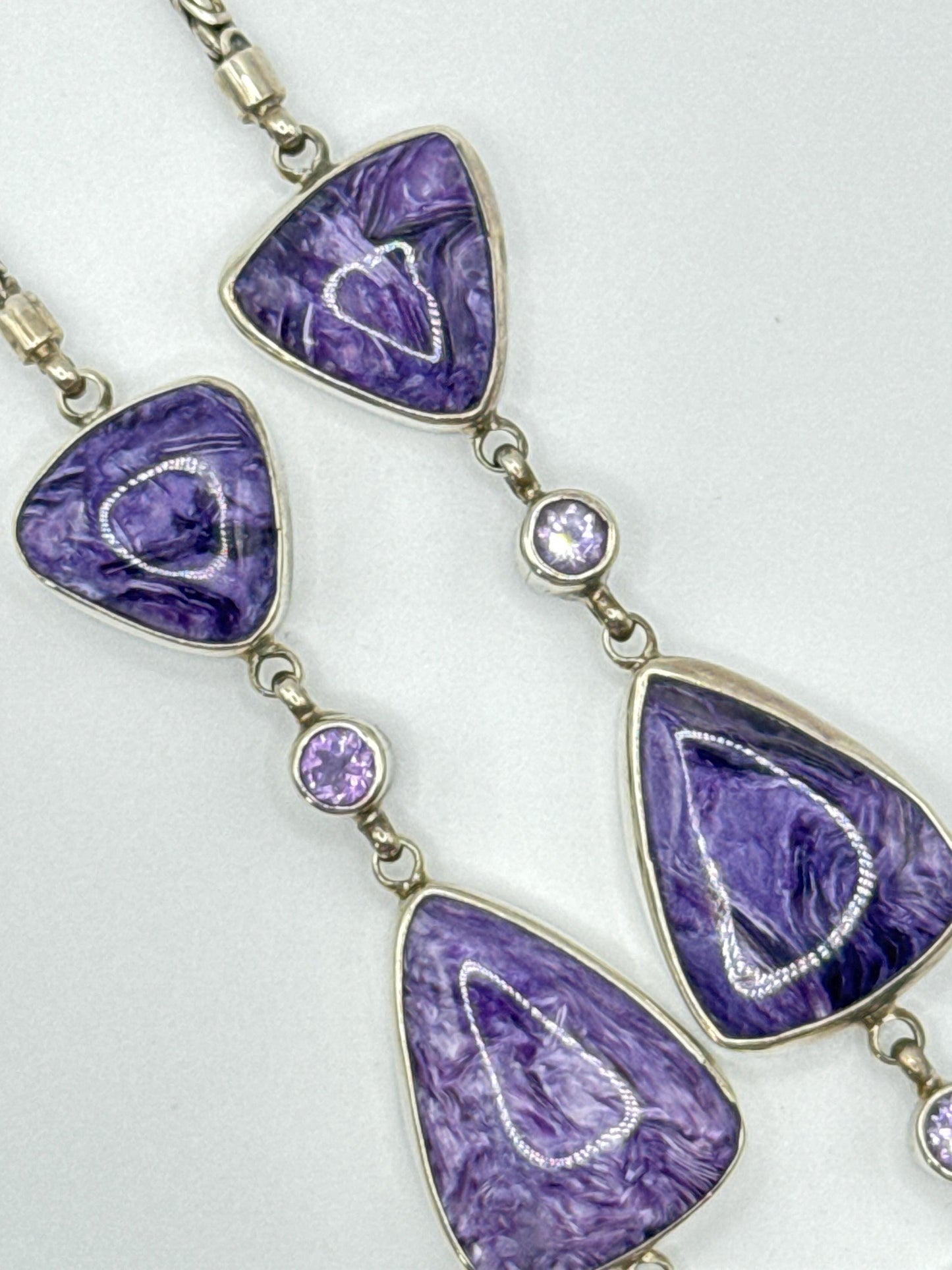 Charoite & Amethyst Drop Necklace – Sterling Silver - 52.57 Grams