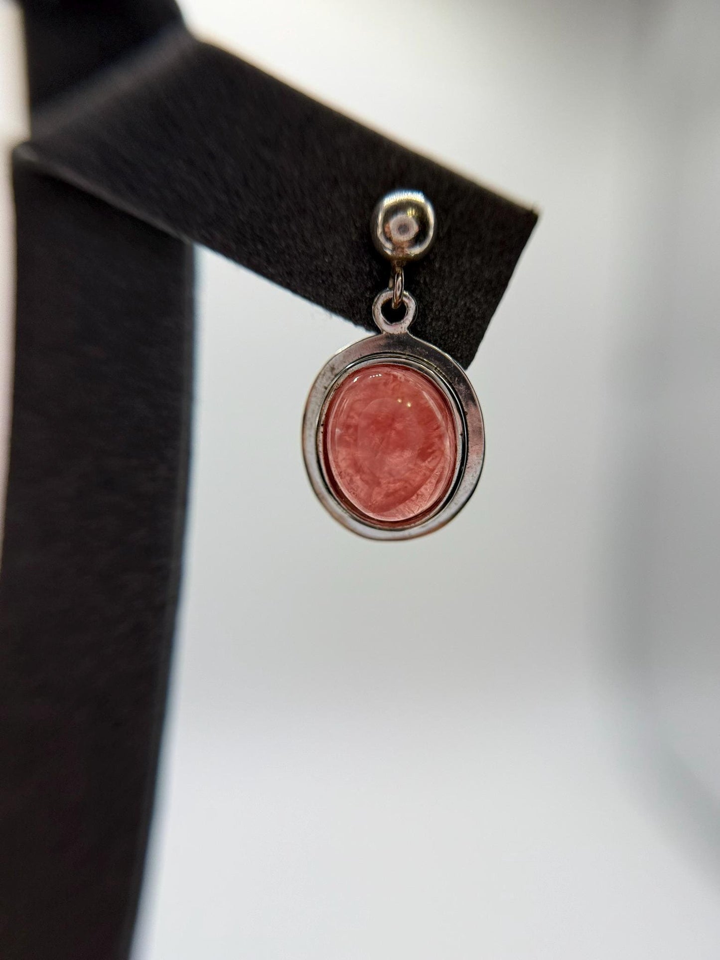 Natural Rhodochrosite Oval Drop Earrings in Sterling Silver | Pink Crystal Earrings