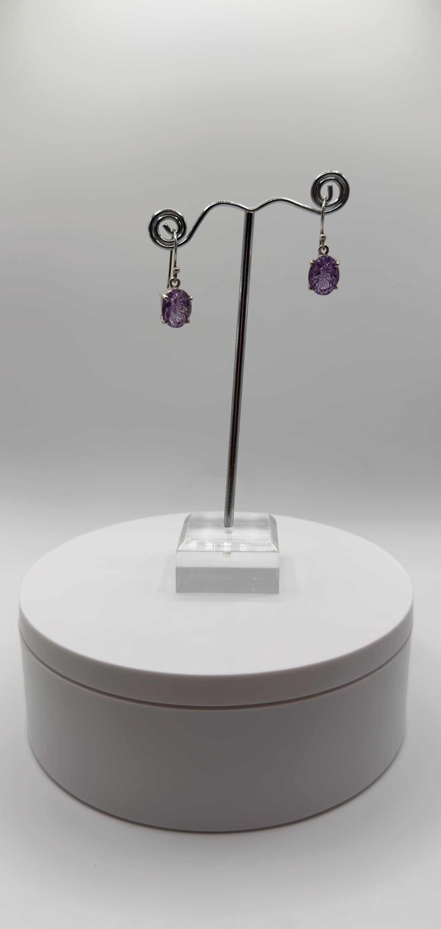 Carved Amethyst Drop Earrings – Handcrafted Purple Gemstone Dangles in Sterling Silver - Weight 4.65 Grams