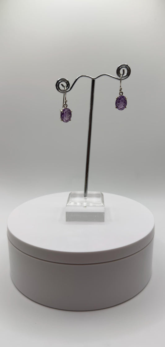 Carved Amethyst Drop Earrings – Handcrafted Purple Gemstone Dangles in Sterling Silver - Weight 4.65 Grams